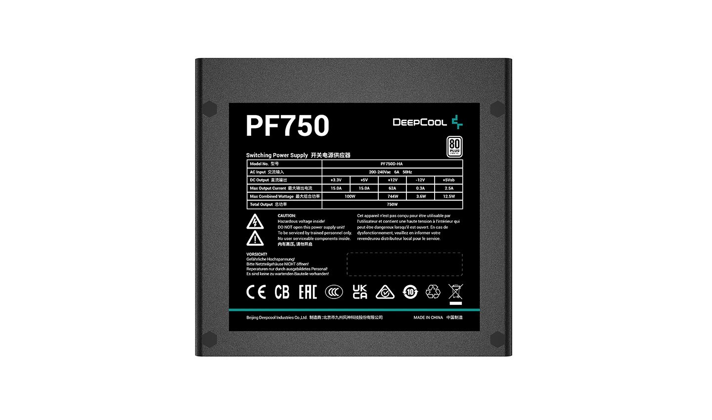 DeepCool PF750, 750 W, 230 V, 85%, Überlastung, Überspannung, Kurzschluß, Unterspannung, 20+4 pin ATX, 55 cm R-PF750D-HA0B-EU