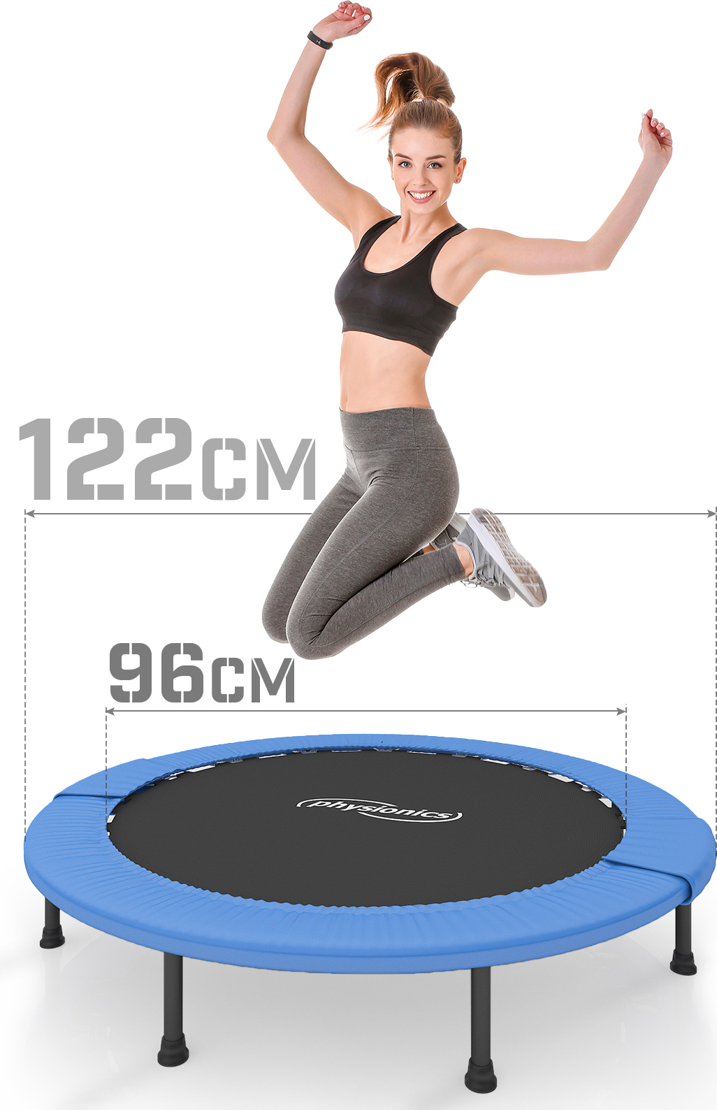 Fitness trampolína Physionics® – priemer Ø 122 cm, na použitie v interiéri aj exteriéri, max. nosnosť: 100 kg, s ochranným krytom – detská trampolína, záhradná trampolína, mini trampolína, skladateľná
