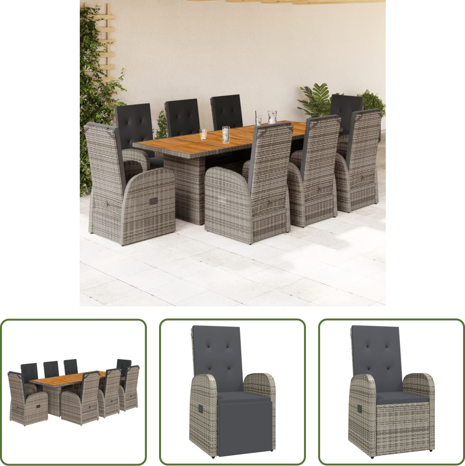 The Living Store 9-dielny záhradný jedálenský set s vankúšmi sivý polyratan