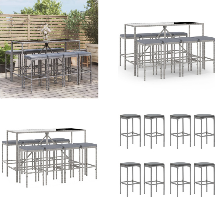 vidaXL 9 tlg. Gartenbar Set mit Kissen Grau Poly Rattan - Gartenbar Set - Gartenbar Sets - Garten Bar Set - Gartenbar