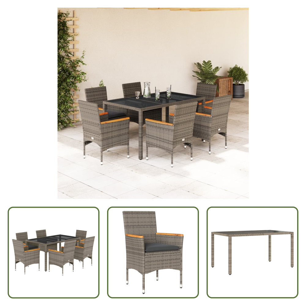 The Living Store 7-dielny záhradný jedálenský set s vankúšmi sivý polyratan a sklo