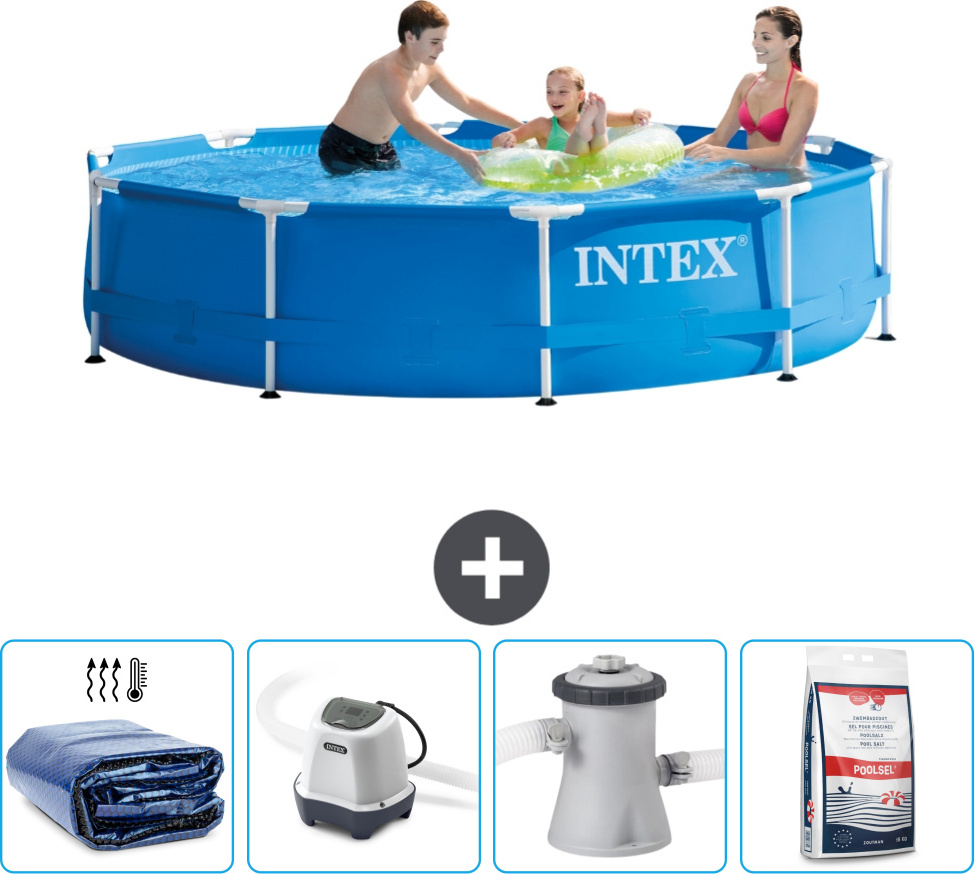 Bazén Intex s okrúhlym rámom - 305 x 76 cm - modrý - vrátane markízy - systém so slanou vodou - filtračné čerpadlo pre bazén - bazénová soľ