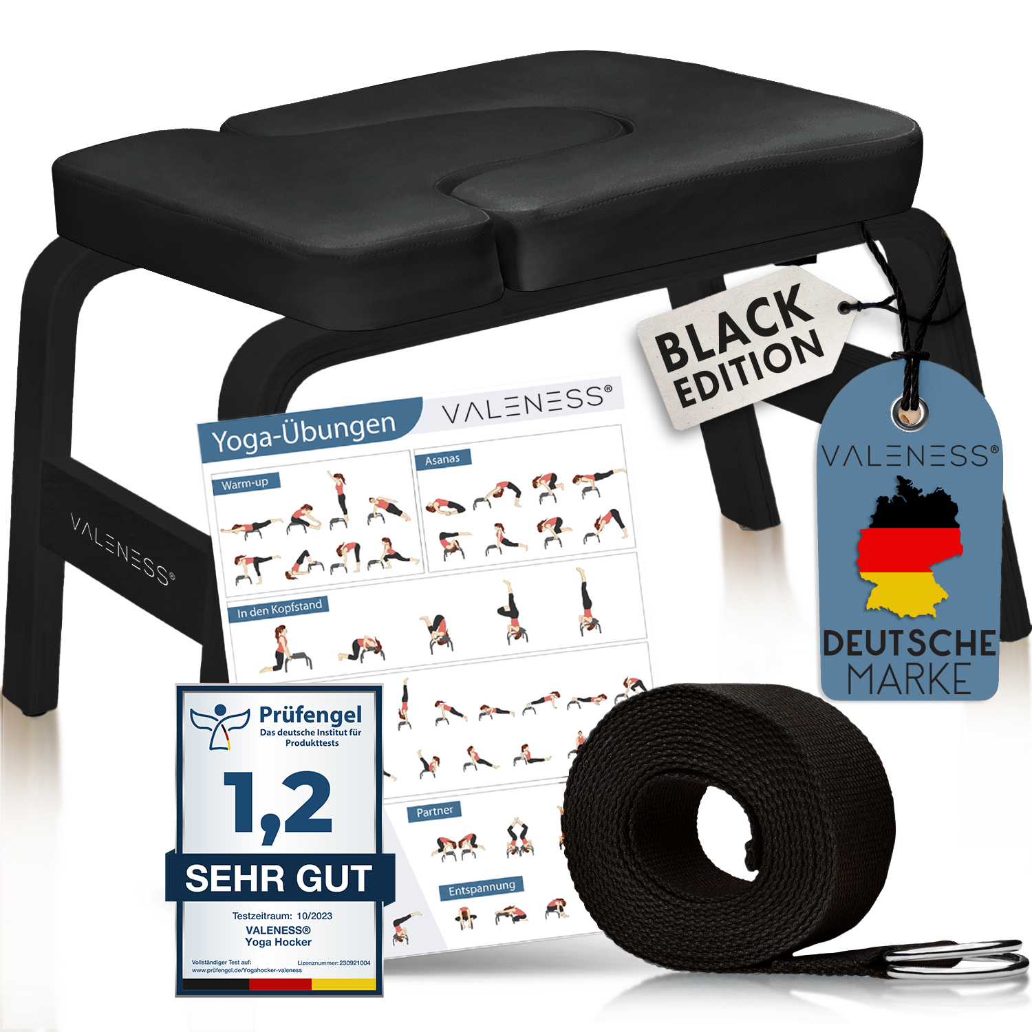 VALENESS® Yoga Kopfstandhocker - Hochwertiger Yoga Hocker inkl. Yogagurt, Yogablock & Übungsposter - Yoga Stuhl zur Handstand-Übung aus Naturholz YGH2209