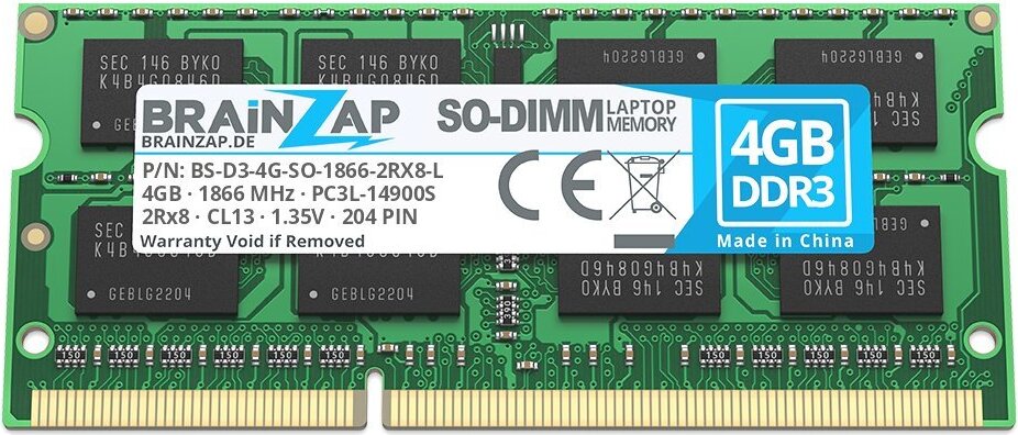 BRAINZAP 4GB DDR3 RAM SO-DIMM PC3L-14900S 2Rx8 1866 MHz 1.35V CL13 Notebook Laptop Arbeitsspeicher BS-D3-4G-SO-1866-2RX8-L