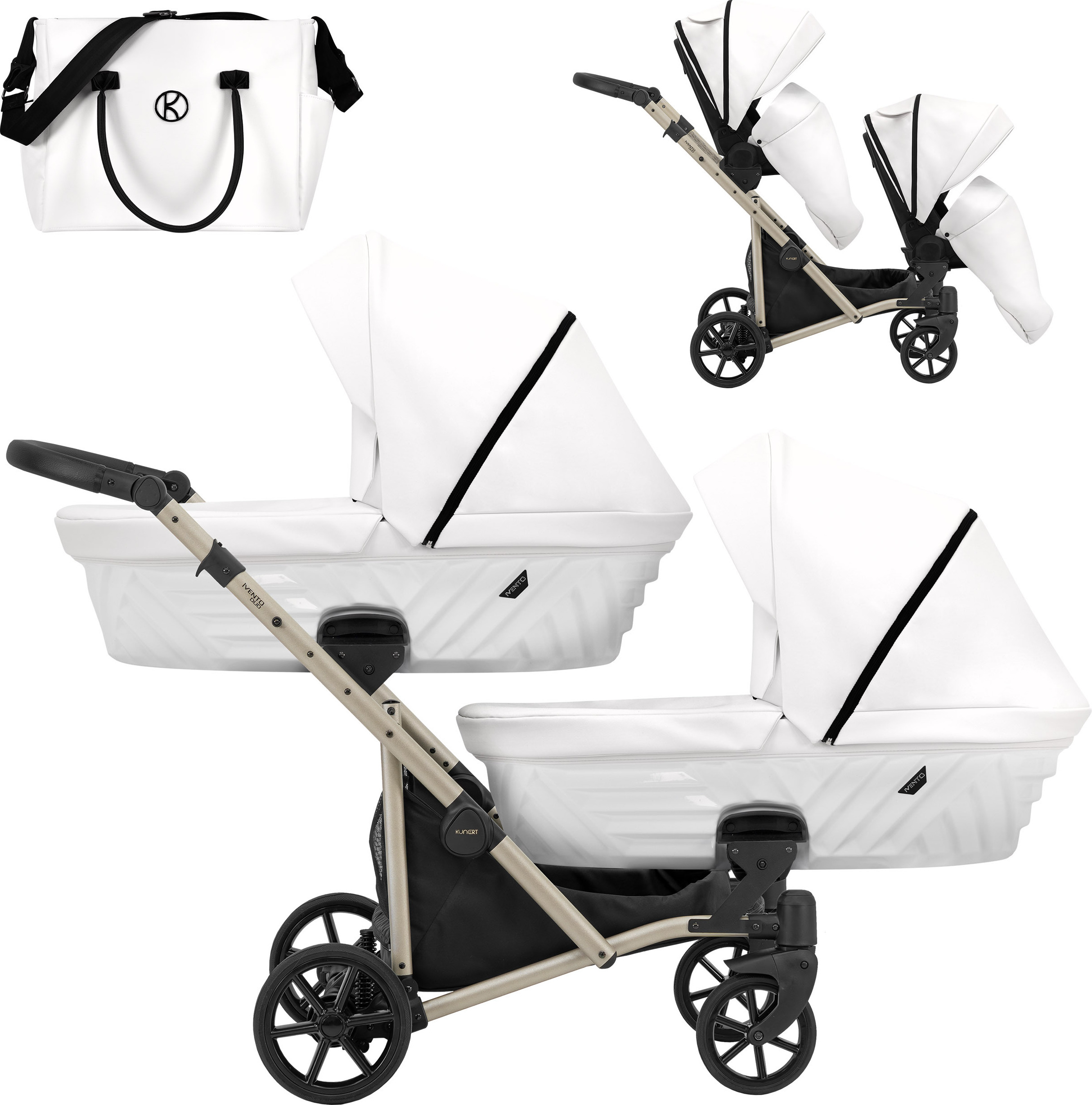 Kinderwagen IVENTO DUO 2 in 1 Komplettset Zwillingskinderwagen Geschwisterwagen Zwillingsbuggy Doppelkinderwagen (White Pearl, Rahmenfarbe: champagne)