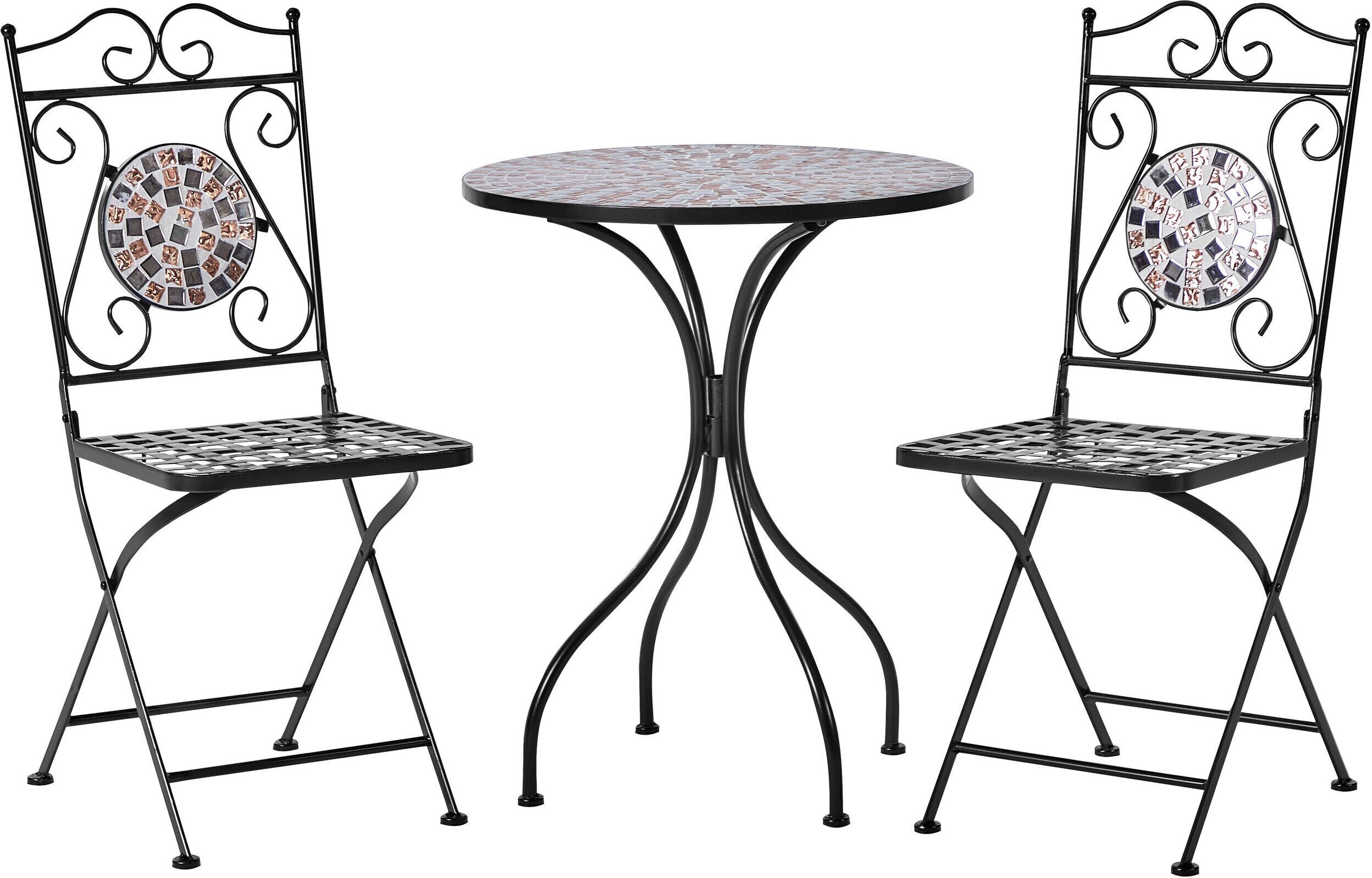 BELIANI Záhradná bistro sada čierna kov 60 cm okrúhly stôl 2 skladacie stoličky mozaikový vzor vintage štýl záhrada exteriér