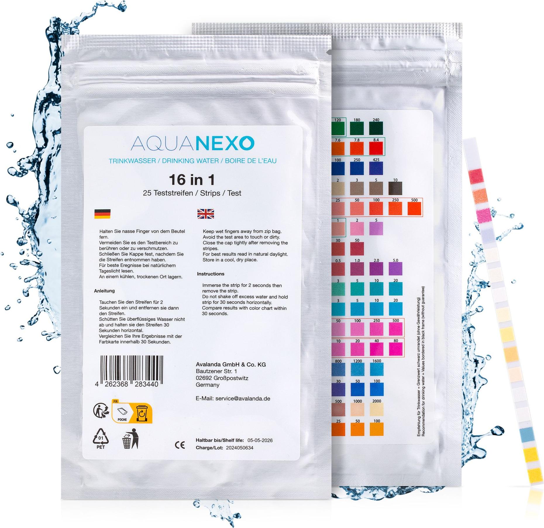 Aquanexo Wassertester Trinkwasser Teststreifen 16-in-1 Trinkwassertest pH Wasserhärte 25 st.