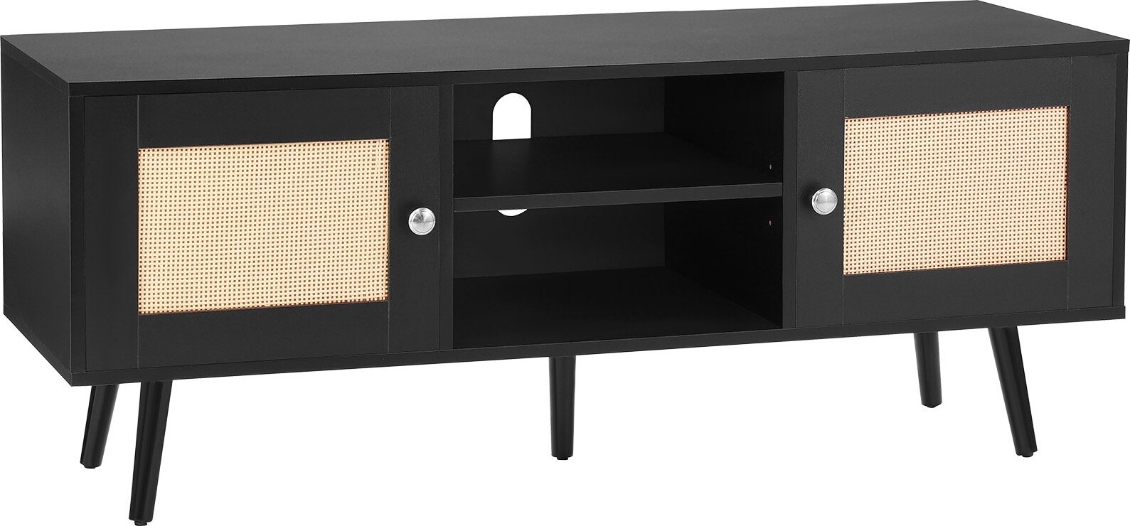 Zerbaco Rattan-TV-Ständer, Fernsehschrank Boho-TV-Schrank für 140 cm Fernseher, Retro-TV-Ständer, Rattan-TV-Konsole mit verstellbaren Regalen & 2 Türen, für Wohnzimmer, Medienraum, Schwarz