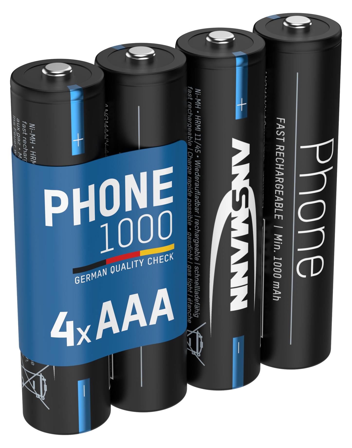 ANSMANN Akku Telefon AAA, 1000 mAh NiMH 1,2V - 4 Stück wiederaufladbar 1321-0023