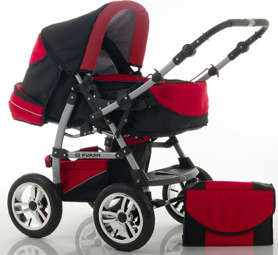 Kinderwagen-Set Flash 2 in 1 in Schwarz-Rot - 14 Teile - in 18 Farben erhältlich