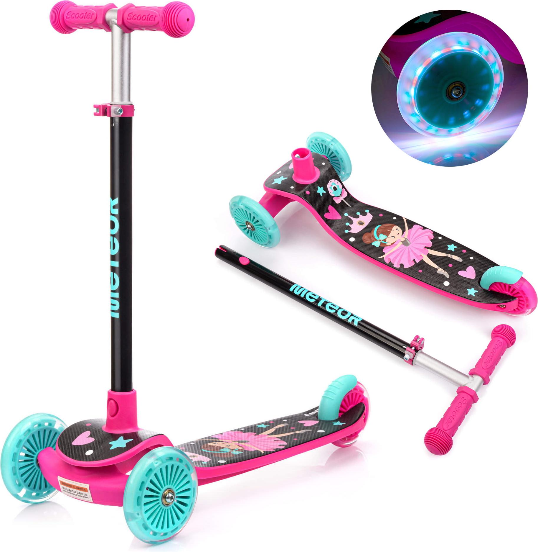 Dreirad-Kinderroller Meteor Funny – Bunte Leucht-LED-Räder, verstellbare Höhe, bis 50 kg, Rosa 17748