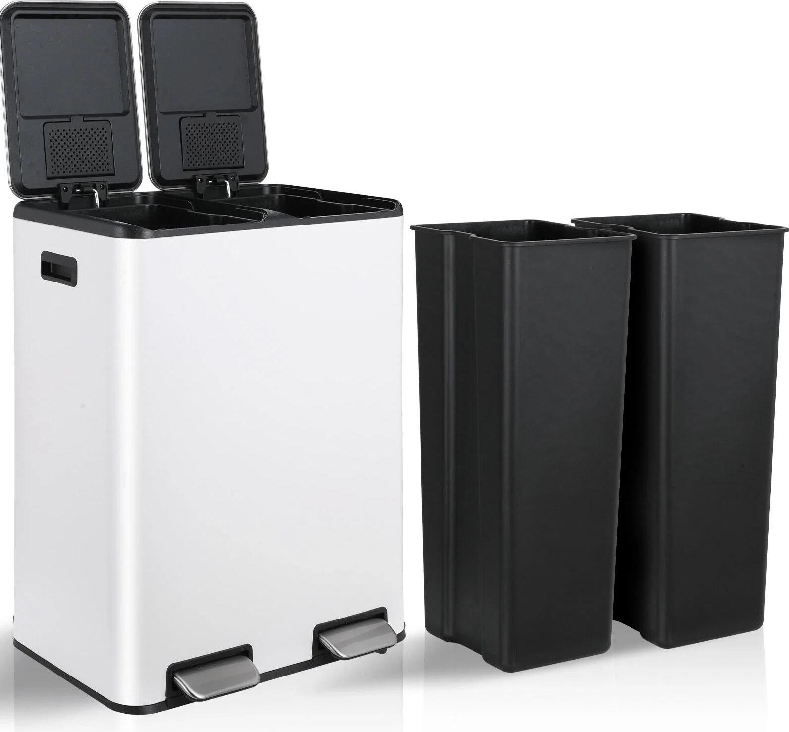 Mülleimer zur Mülltrennung - Doppelkammer Pedaleimer - 60 l gesamt - Edelstahl - Herausnehmbare Inneneimer - Hellgrau