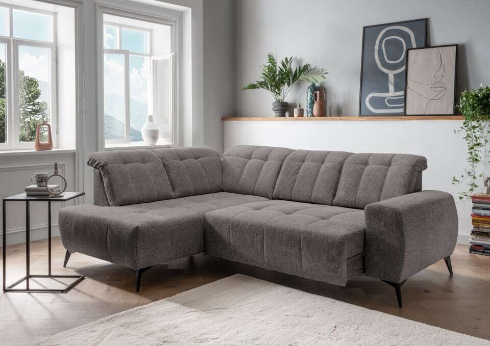 Ecksofa Sano Benformato 261 x 200 cm | Corto-Stoff mit Elektrofunktion & verstellbaren Kopflehnen | Ausrichtung: Vorstehend links, Farbe: Grau-Braun