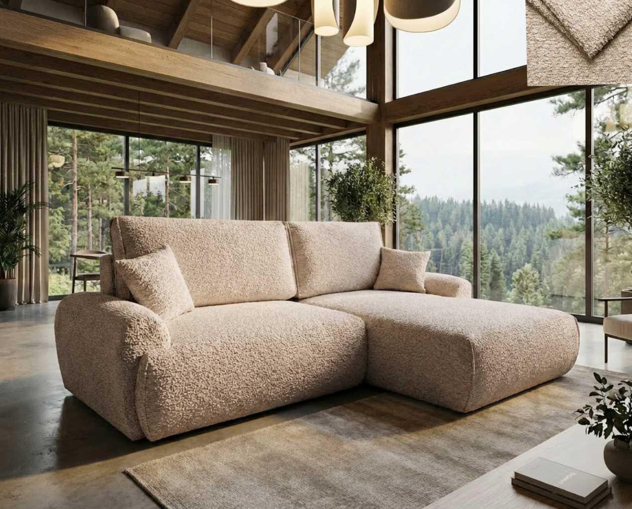 Ecksofa Malvito Nordelo mit Schlaffunktion und Bettkasten, Universal L/R, Stoff ARENA Bouclé - 2 Hellbraun, 260 cm ECKC-MALV-ARN-2