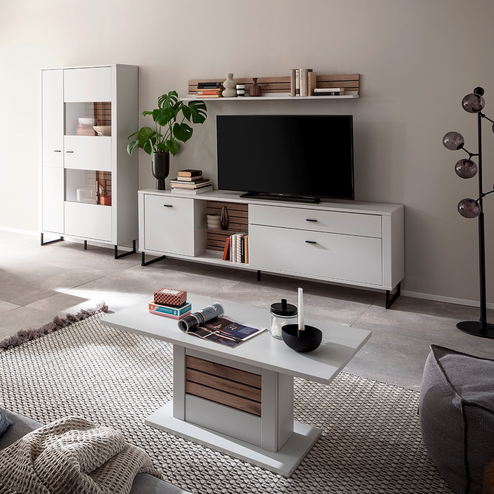 Lomadox Wohnmöbel Set weiß mit Eiche-Lamellen LAUREANA-05 4-teilig LA05-LAUREANA-05-SET17