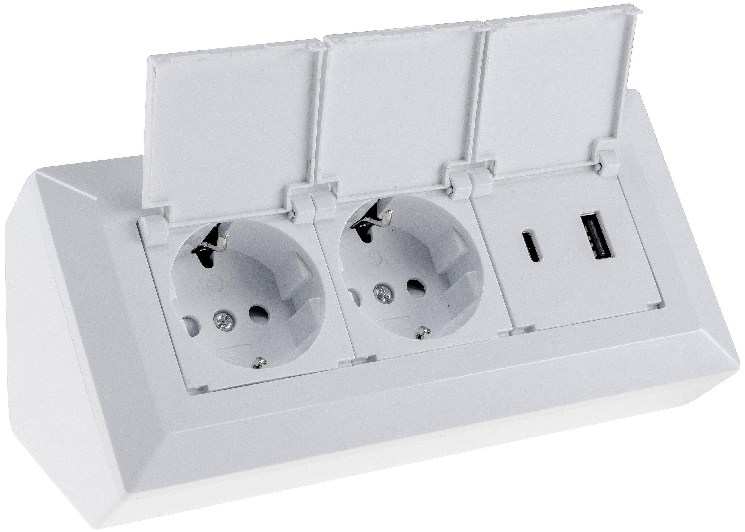Chilitec 2-fach Steckdosenblock USB-A+C weiß 250V/ 16A USB 3,1A PD mit Klappen 23950