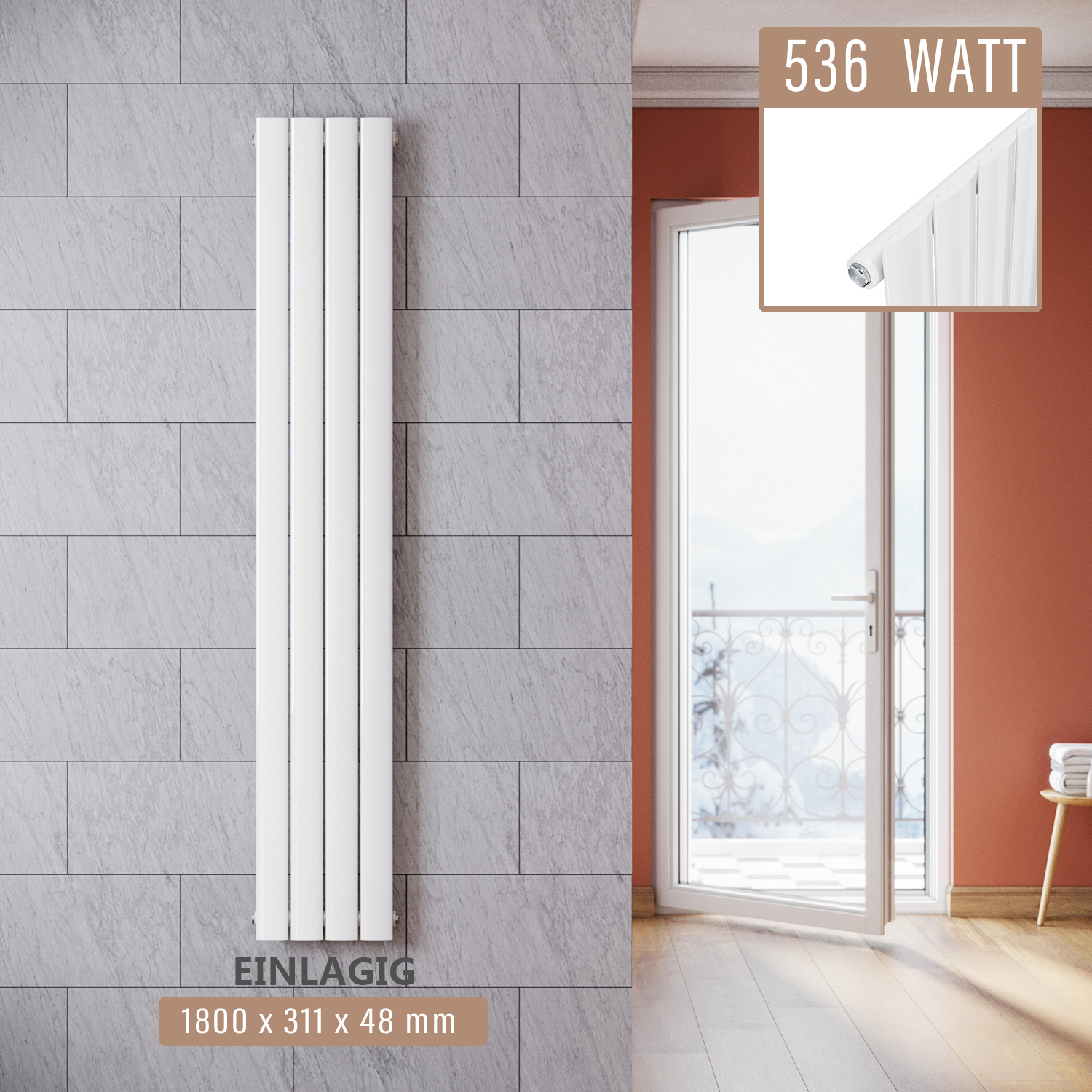 Panelový radiátor SONNI 1800 × 311 mm Jednovrstvový biely vertikálny radiátor