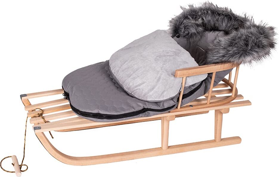 Goldkids Holzschlitten Kinderschlitten aus Buchenholz Rückenlehne inkl. Zugseil + Winterfußsack Schlittensack Fußsack mit Reißverschluss 48/90 cm Schlitten Metallkufen (grau)