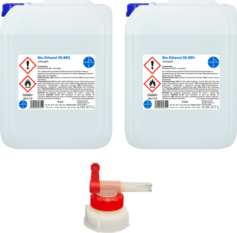 Herrlan-Psm e.K Kamin-Ethanol 99,98% Alkohol-Gehalt, wasserfrei I 10 Liter / 2 x 5 Ltr. Kanister I Bioethanol I inkl. 1 x AGH I HERRLAN-Qualität 2xB-711-51-Z04