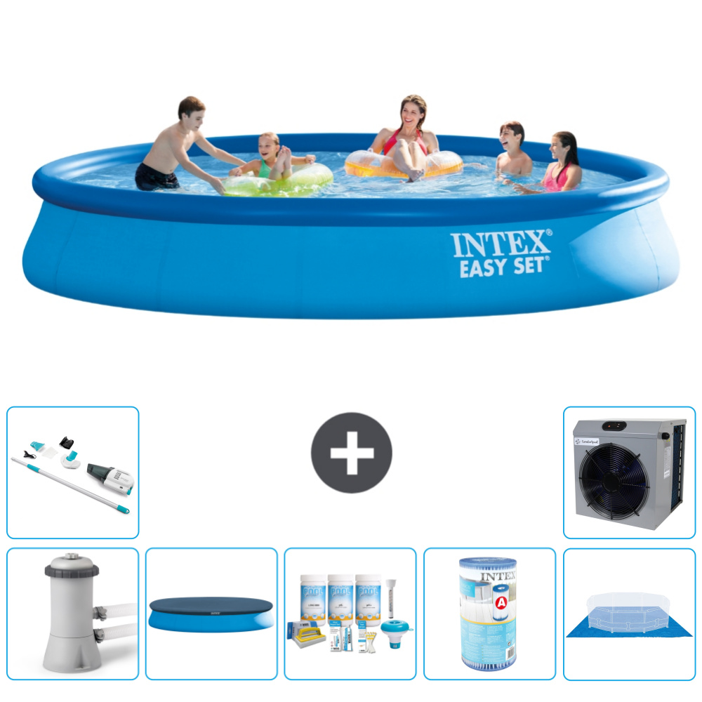 Okrúhly nafukovací bazén Intex Easy Set - 457 x 84 cm - modrý - vrátane krytu čerpadla - balík na údržbu - filter - podložka - vysávač - tepelné čerpadlo