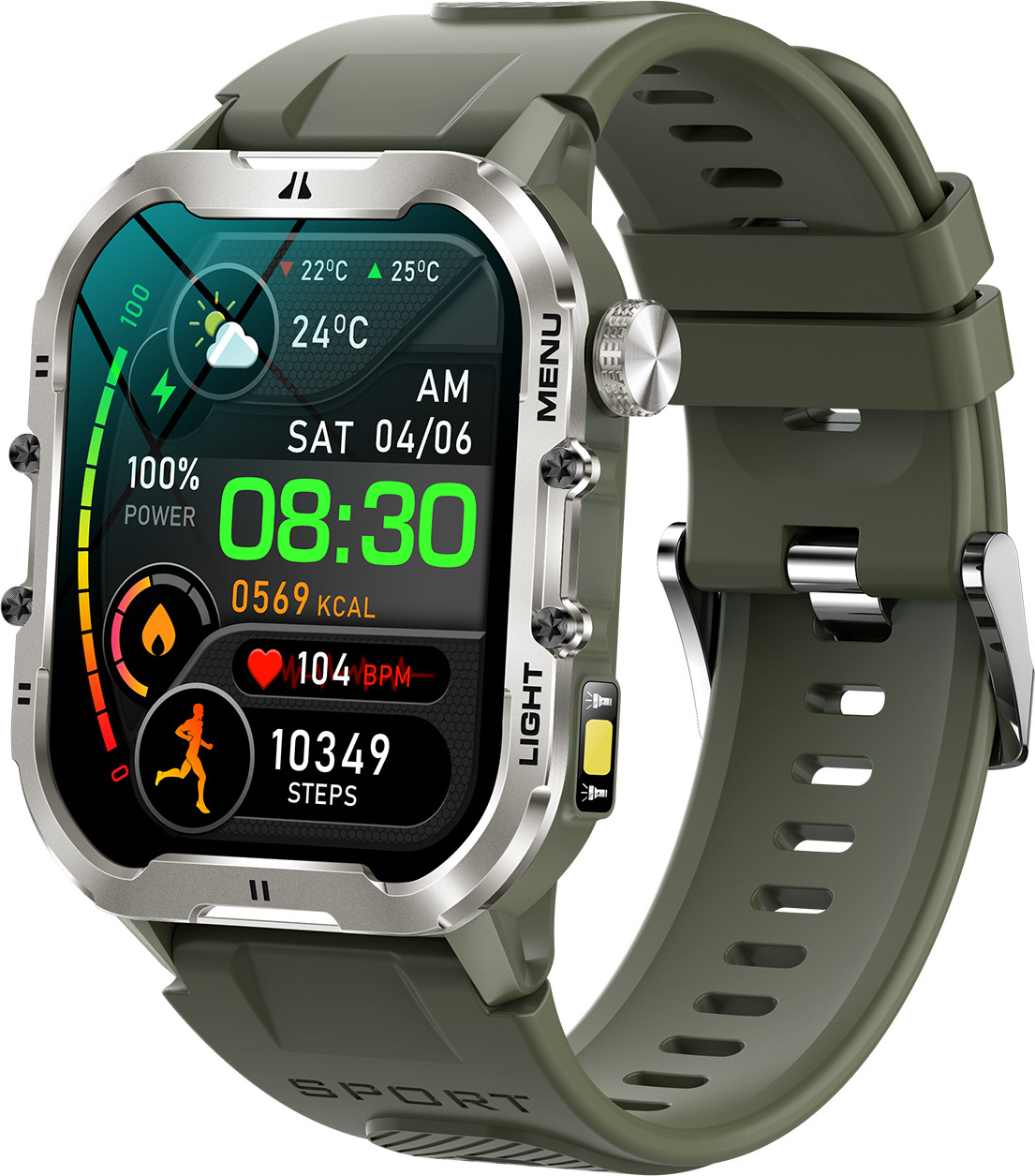 Smartwatch dámske pánske, BT 5.2 1,96" dotykový displej, viac ako 100 športových režimov, vodotesnosť IP68, LED baterka, nemecky, anglicky, Green