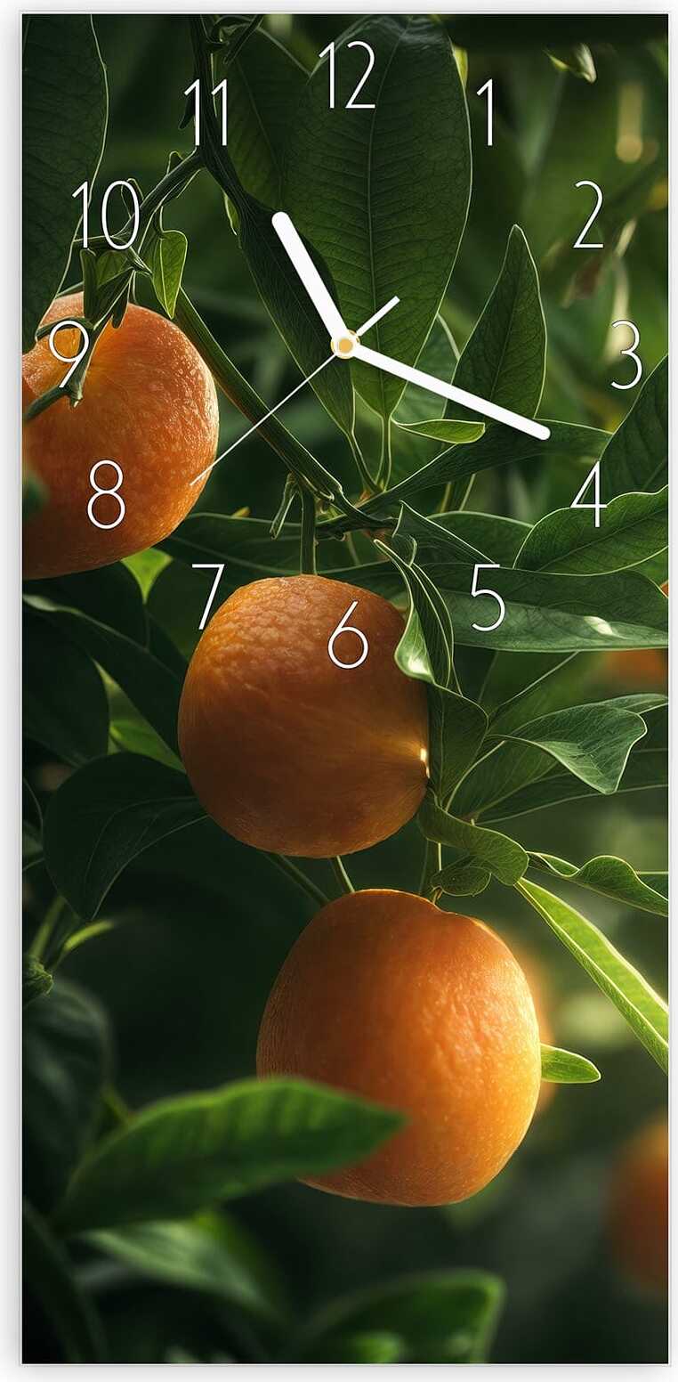 Primedeco Wanduhr aus Glas mit Motiv Orangenbaum Closeup- 30 x 60 cm - inkl. Aufhängesystem