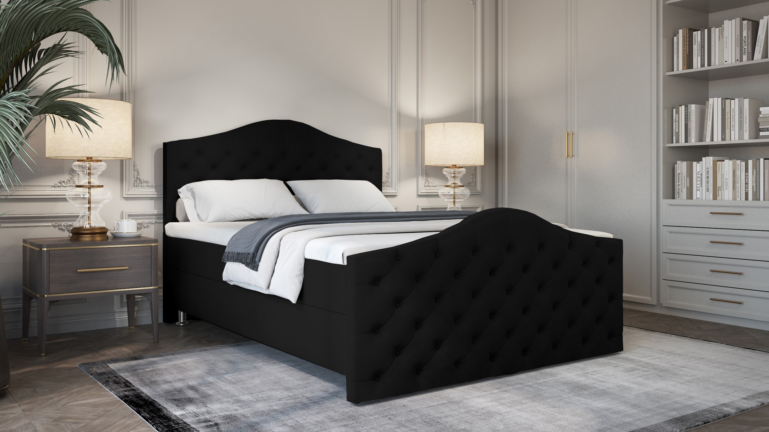 PREDAJ LEADER skriňová pružinová posteľ STOCKHOLM 200x200 cm čalúnená posteľ s dvoma zásuvkami, kompletná súprava s matracom a topperom (4 cm), čierna, posteľná látka JASMINE 100