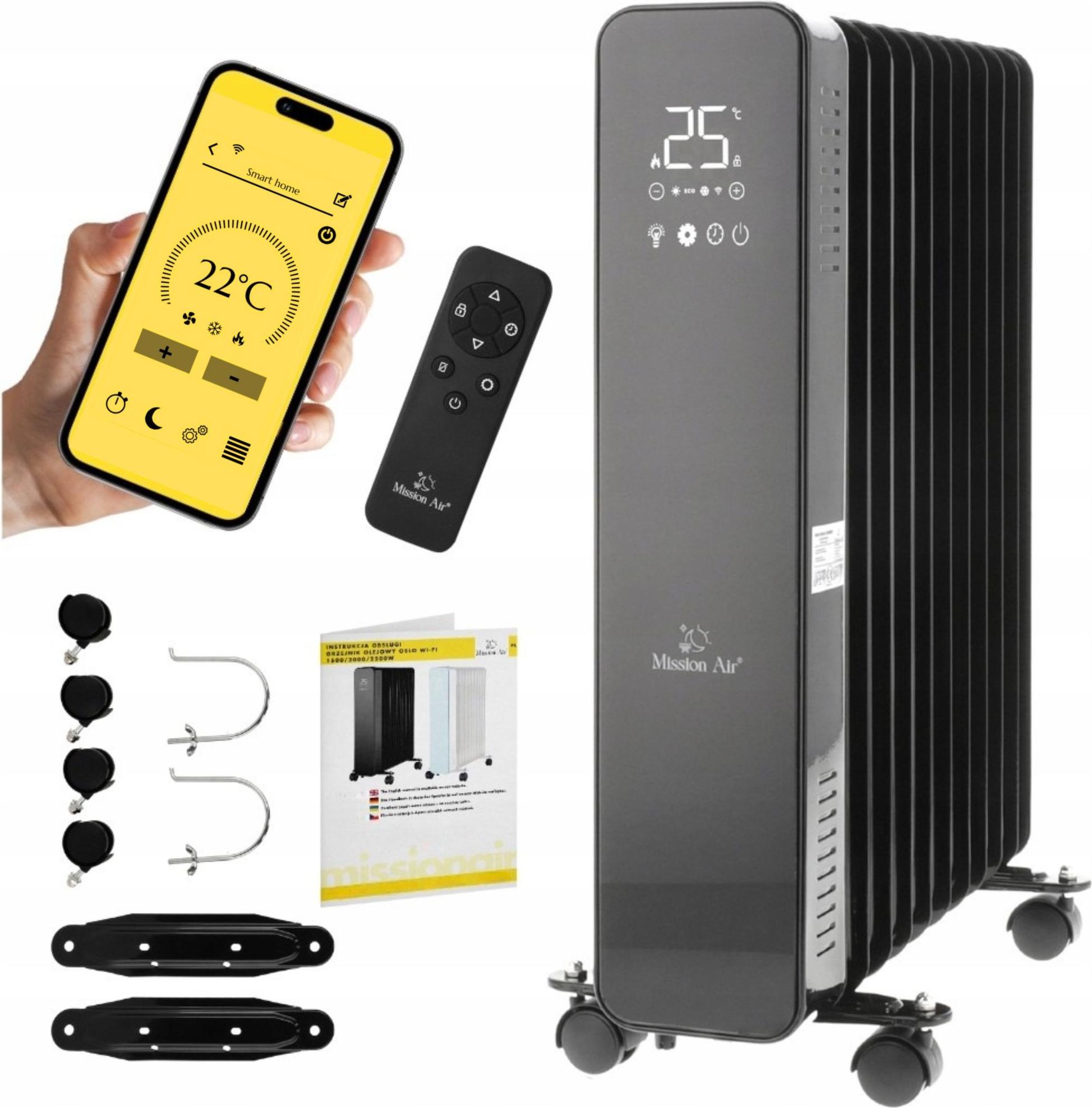 Elektrický olejový ohrievač Mission Air: 2500 W, WIFI, termostat, diaľkové ovládanie, ochrana proti zamrznutiu