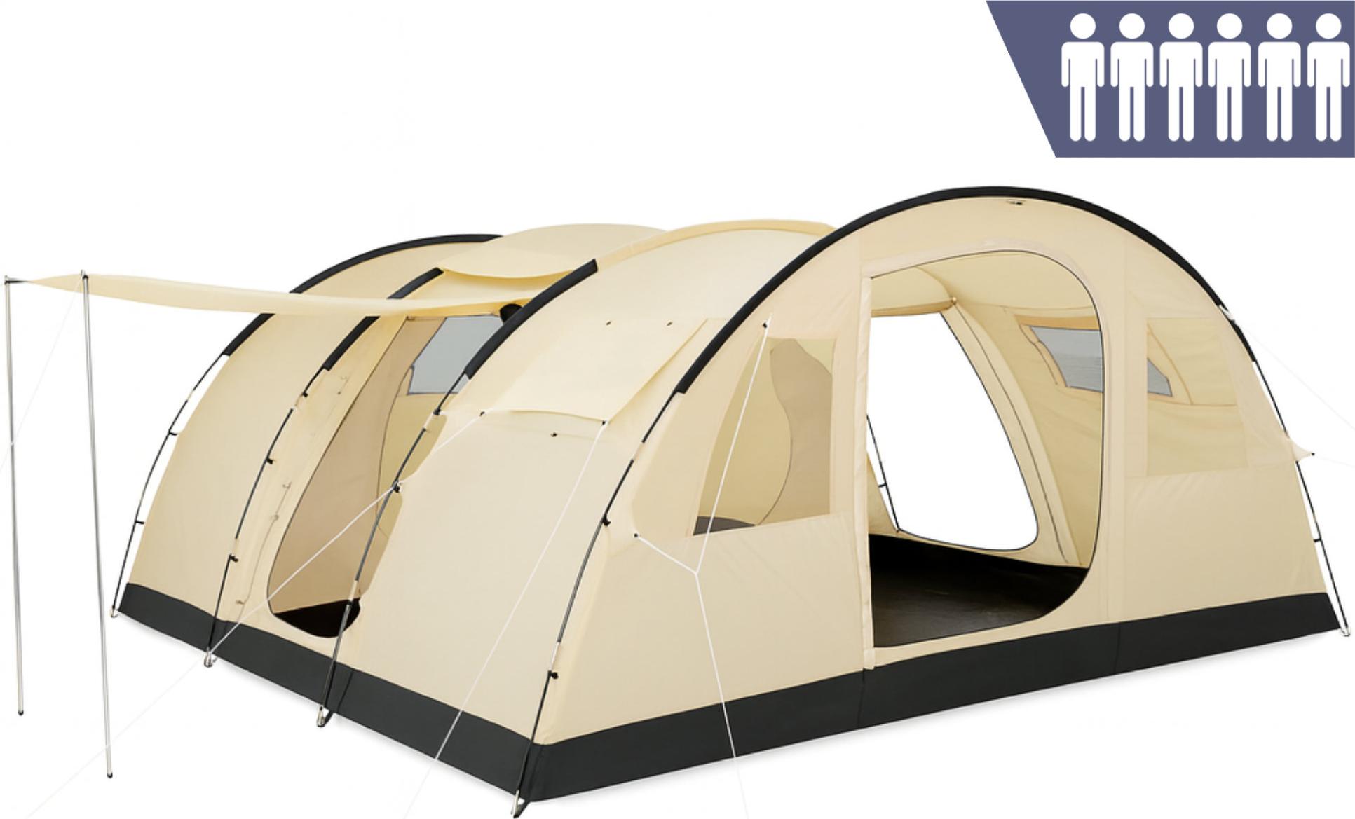 CampFeuer Zelt Caza für 6 Personen, Beige/Sand, XXL Tunnelzelt mit Vorraum, 5000 mm Wassersäule
