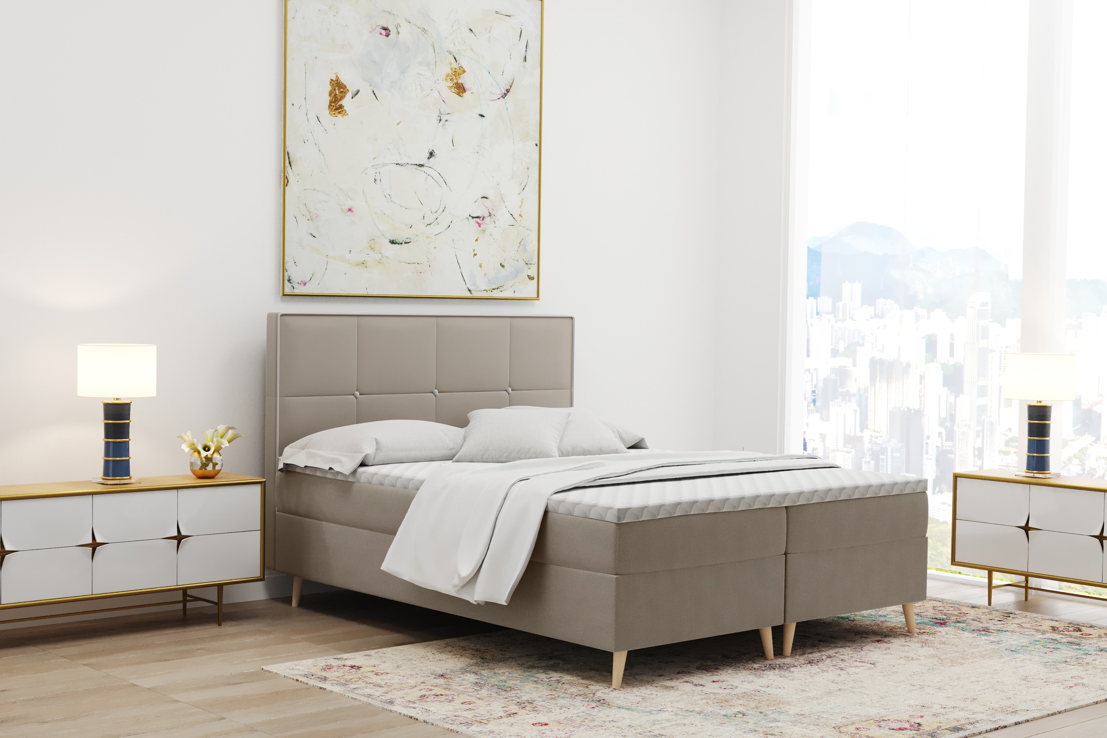 Box spring posteľ s matracom MANILA veľa veľkostí a veľa farieb látka Riviera 180 cm x 200 cm béžová