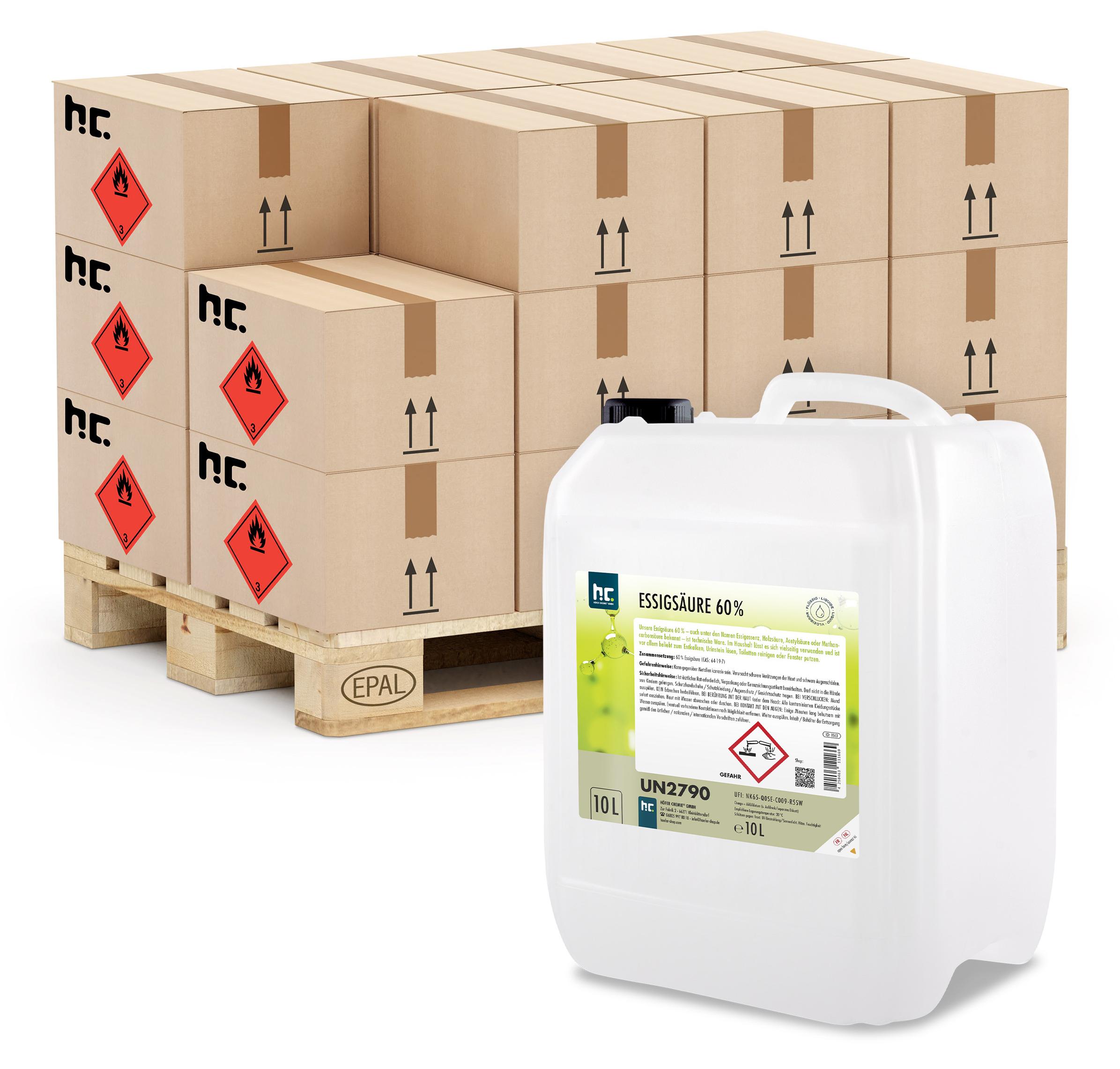 Höfer Chemie 60x10 Liter hochprozentige Essigsäure 60% zur Entkalkung und Reinigung auch für den Haushaltsgebrauch geeignet