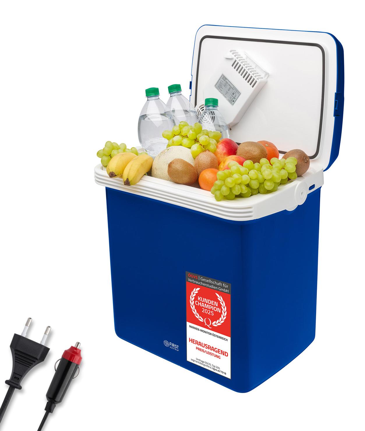 TZS First Austria - Kühlbox 32L elektrisch 12V 230V Anschluss für Auto & Steckdose - Thermoelektrisch - Blau
