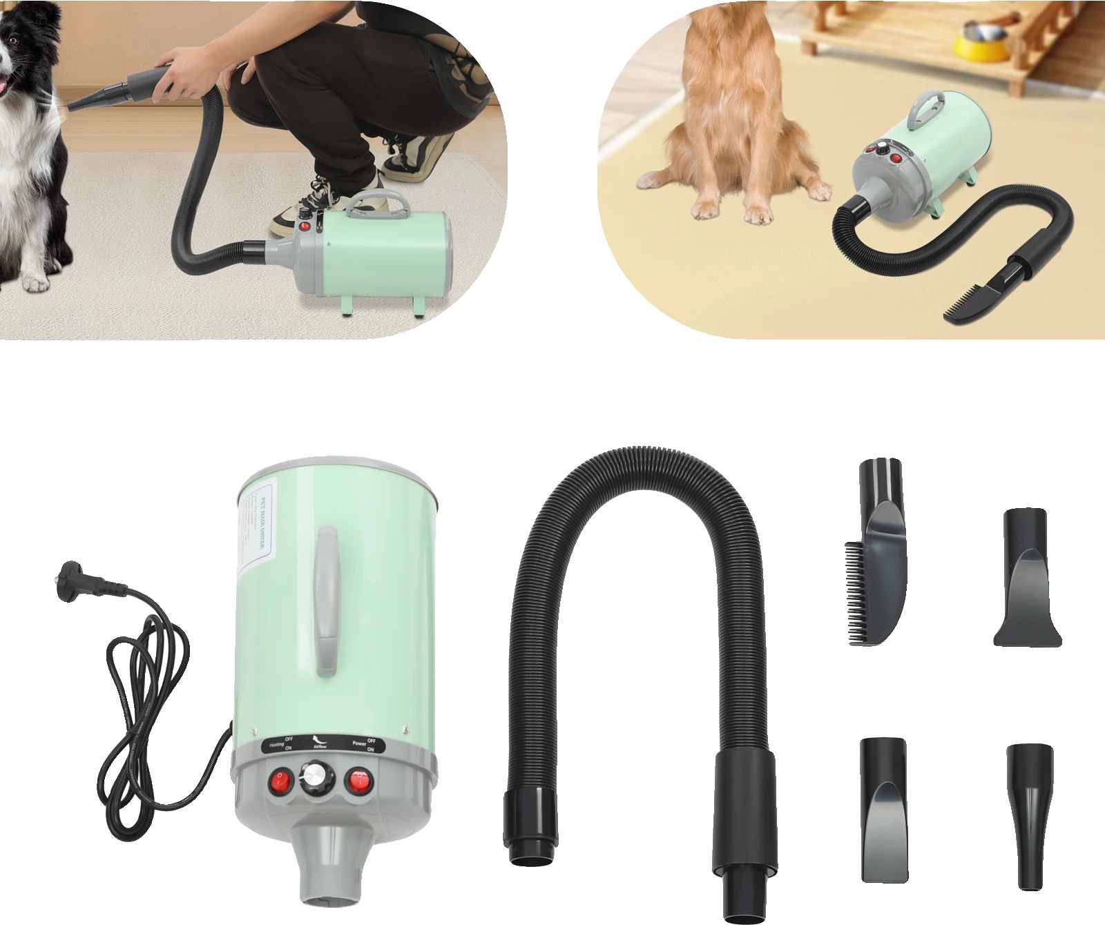 2200W fén na vlasy pre domáce zvieratá, nastaviteľná teplota, viacero možností voľby trysiek, zelený