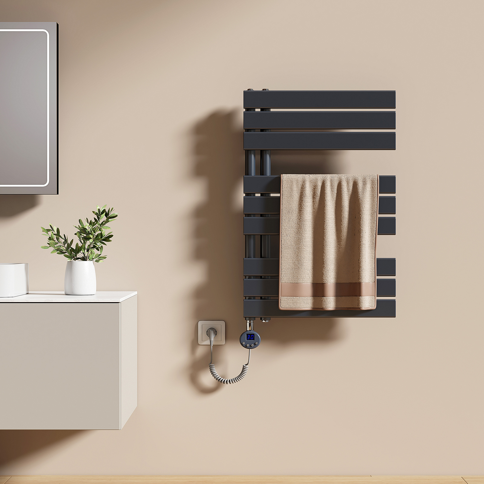 EMKE Sušič uterákov Elektrický asymetrický kúpeľňový radiátor s časovým termostatom Ohrievač uterákov 762 x 500 mm Antracitový uterákový radiátor s 400W vykurovacou tyčou