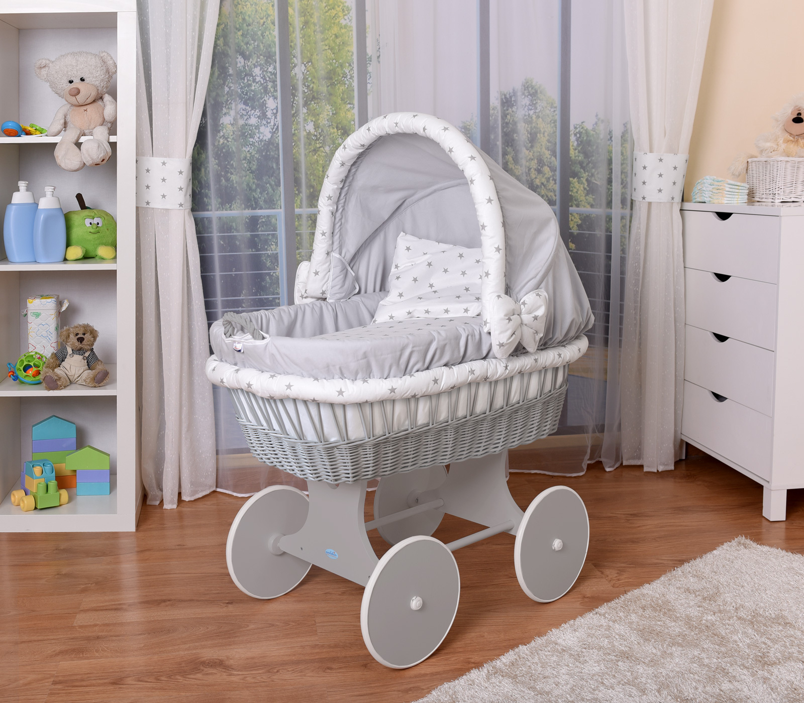 Waldin Baby Stubenwagen-Set mit Ausstattung,XXL,Gestell/Räder grau lackiert,grau/Sterne-grau 1207-1s1g