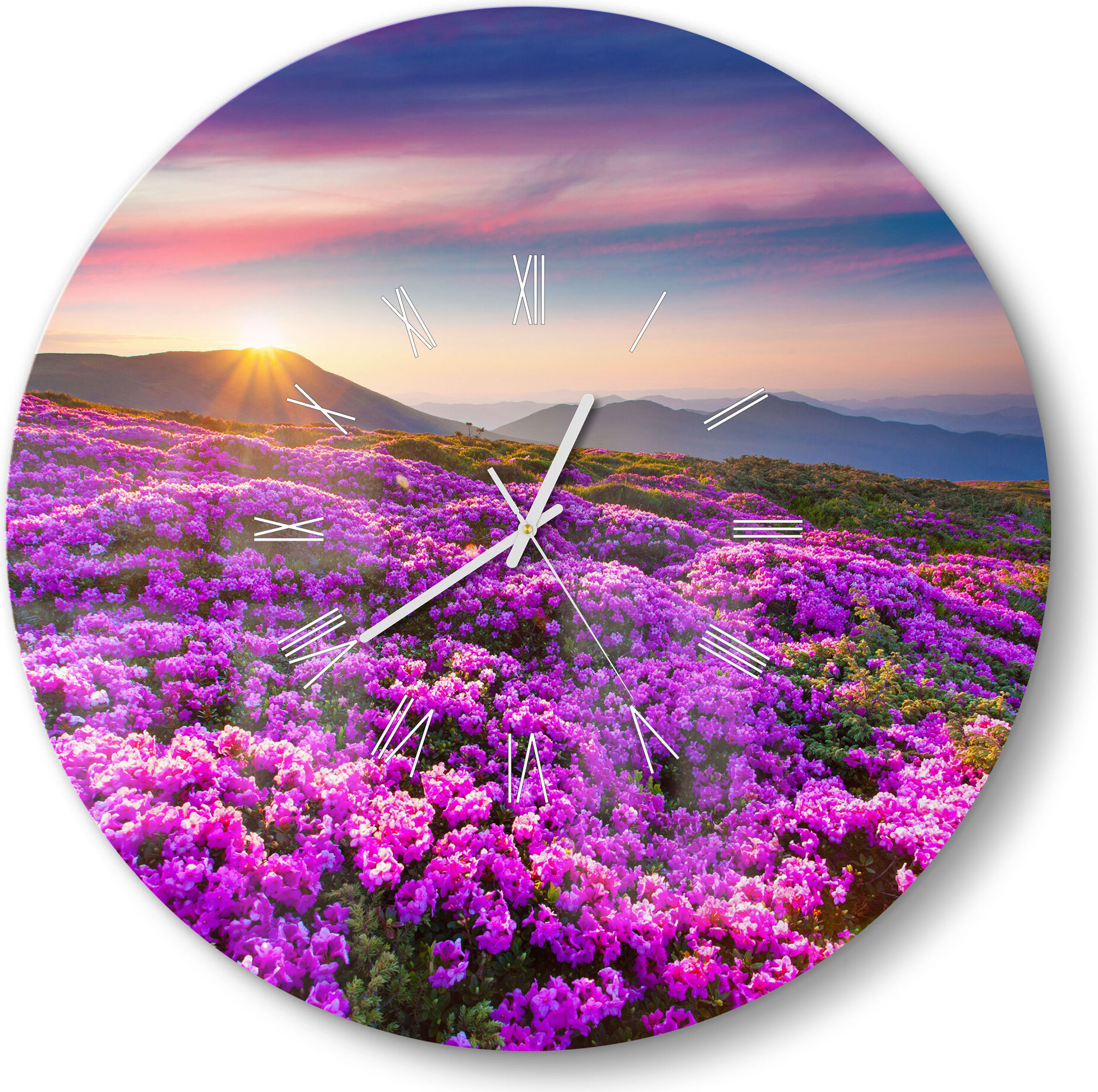 DEQORI Glasuhr Ø50 cm Römisch 'Magische Bergwiese' Wanduhr Glas Uhr Design leise WC-D50-R-2075