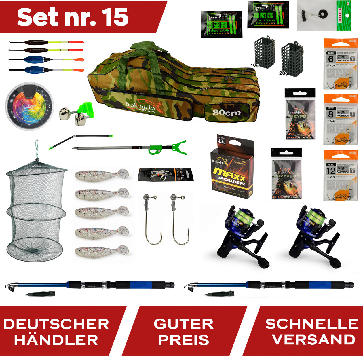Roysson KOMPLETTSET ANGELAUSRÜSTUNG ANGELSET 2x RUTEN 2x ROLLE TASCHE-80cm + Zubehör Z15