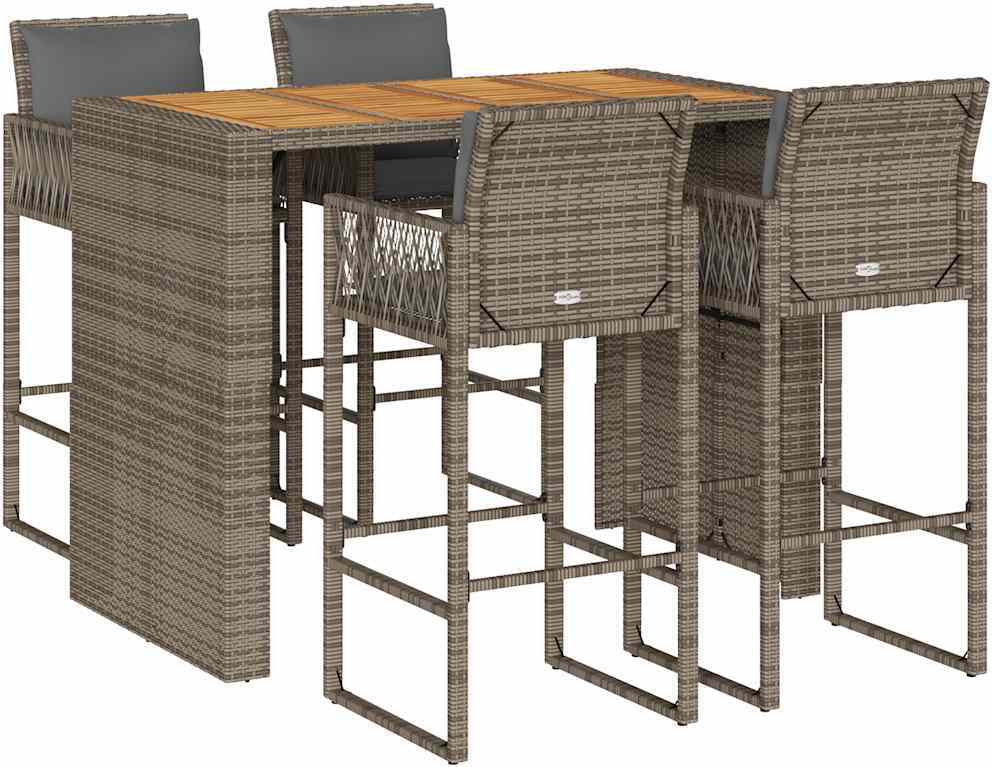 vidaXL 5-dielny záhradný barový set s vankúšmi sivý polyratan akácia