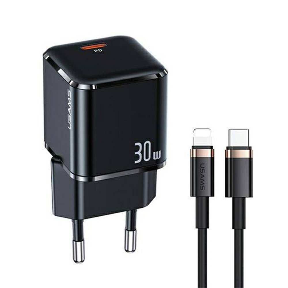 Usams Ład. Siec. 1Xusb-C T45 30W Pd3.0 Fast Charging +Kabel U63 Usb-C/Lightning Czarny/Black Uxtzh01 (Usams-Ux)