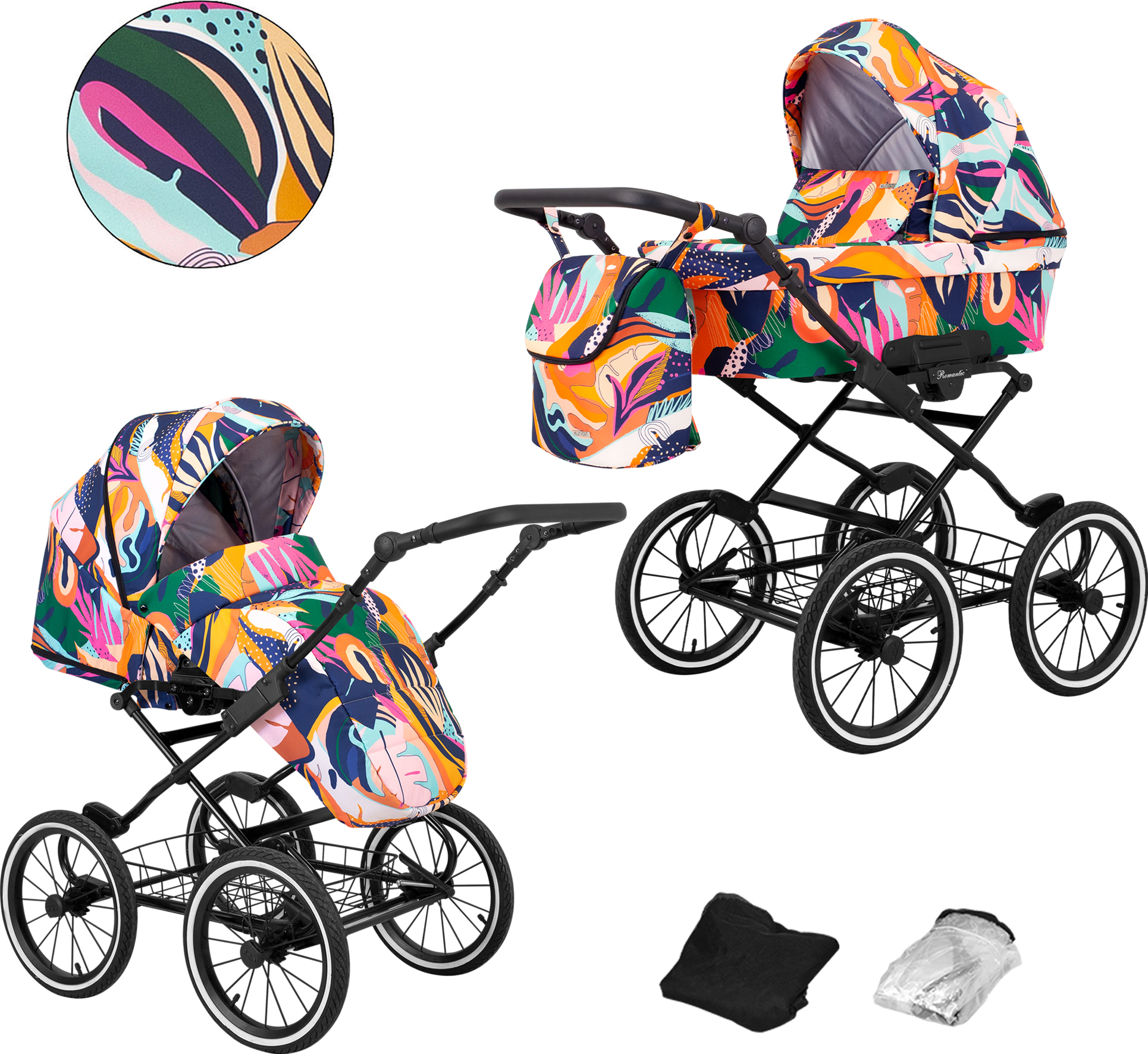 Kinderwagen ROMANTIC Sportwagen Babywagen Babyschale Komplettset Kinder Wagen Set 2 in 1 (farbig, Rahmenfarbe: Schwarz)