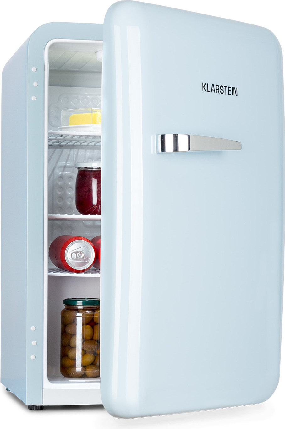 Klarstein Audrey Mini - kleiner Kühlschrank, kompakte Mini-Bar, freistehend, Kompressionskühlung, Fassungsvermögen, Kühlung: 0 - 10 °C, Mini-Kühlschrank mit 70 Liter Fassungsvermögen, blau HEA13-Audrey-68L-blu