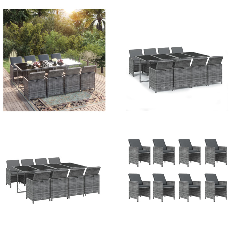 vidaXL 9-dielny záhradný jedálenský set s vankúšmi polyratan sivý - Záhradný jedálenský set - Záhradné jedálenské sety - Jedálenský set polyratan - Vonkajší jedálenský set