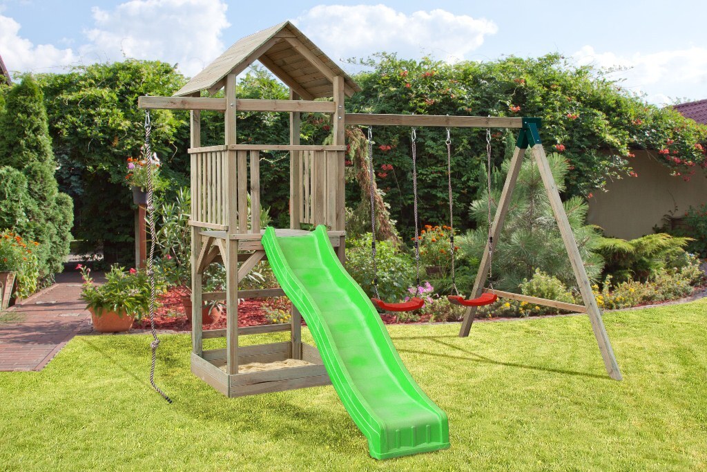 Steiner Shopping Kletterturm mit Rutsche und Sandkasten, Schaukel und Kletterseil