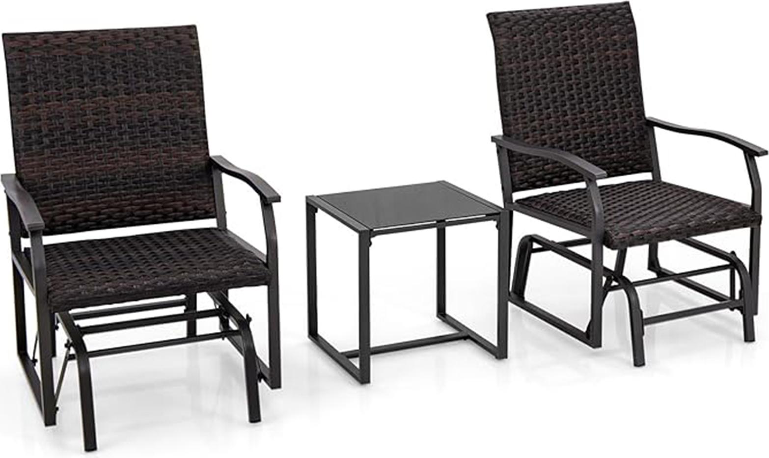 sada 3 záhradných hojdacích kresiel, prútené ratanové posuvné kreslo z tvrdeného skla, penové čalúnené sedadlo, hojdacie kreslo s kovovým rámom