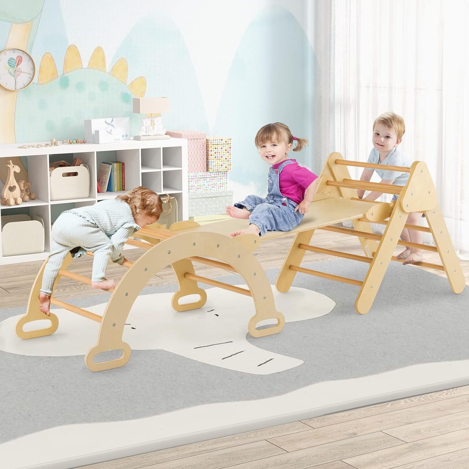 GOPLUS Klettergerüst Indoor, 4 in 1 Kletterdreieck & Kletterbogen & Leiter, Sprossendreieck Spielplatz zum Klettern, Wippen, Kletterdreieck ab 1 Jahre UT21182OBDE