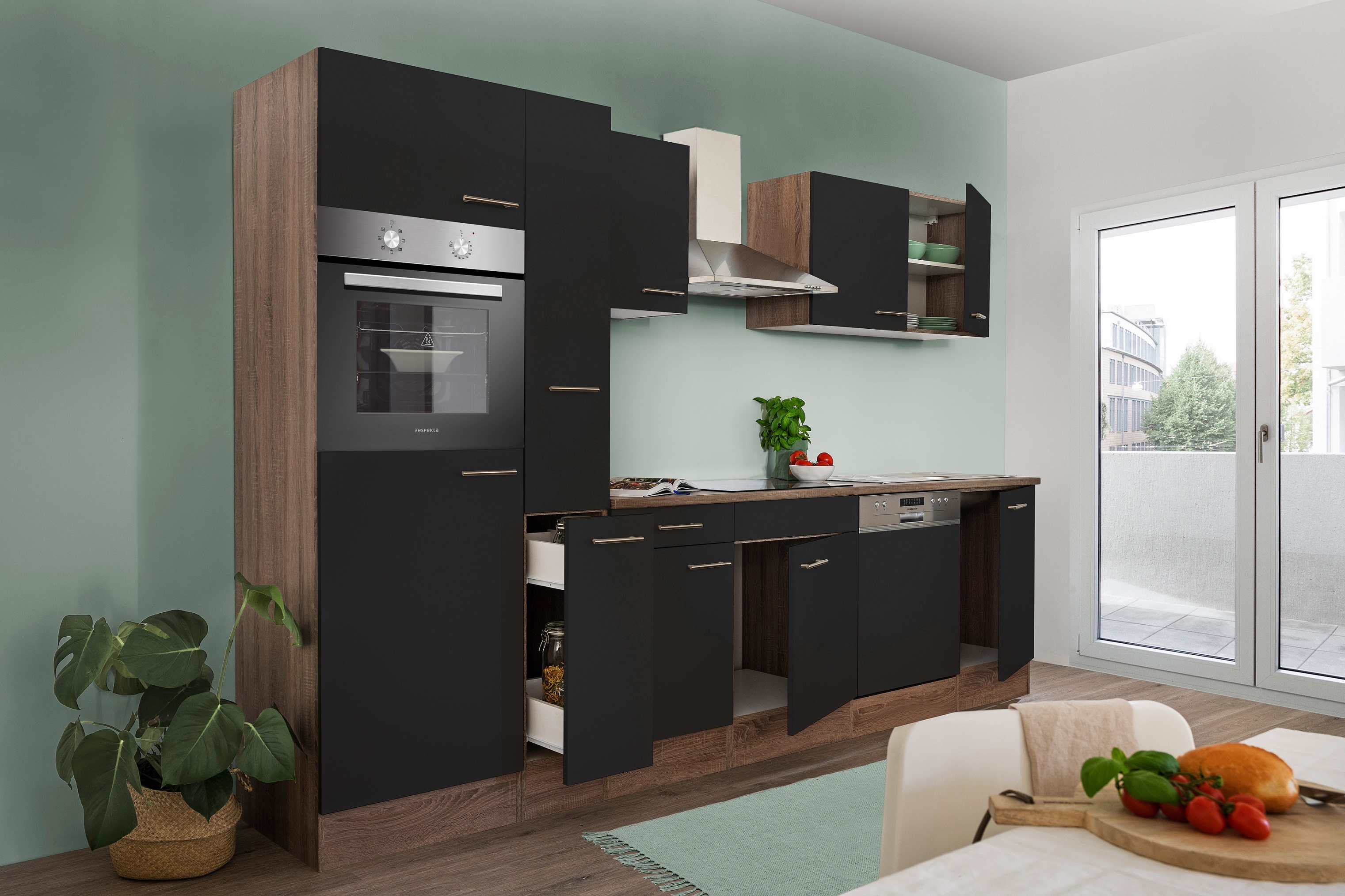 Küche Küchenzeile Küchenblock Eiche York Schwarz Oliver 310 cm Respekta KB310EYS