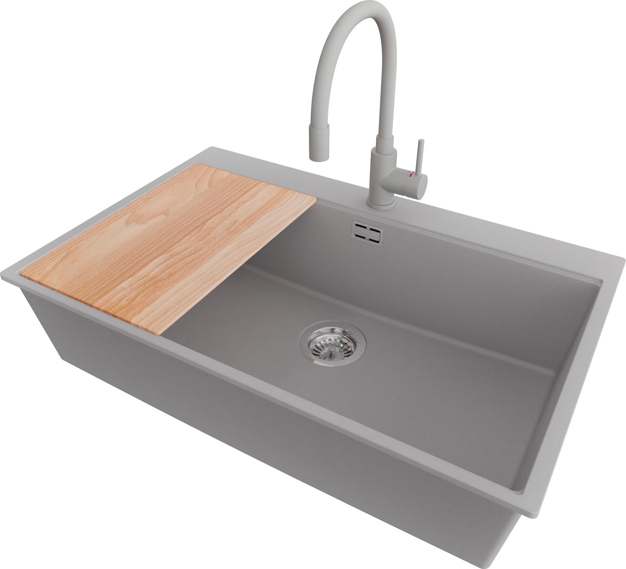 PRIMAGRAN Granitspüle Grau 78x50cm, Spülbecken 1 Becken + Küchenarmatur 38x14cm + Ablauf-Set + Schneidebrett, Küchenspüle ab 80er Unterschrank - Oslo Image