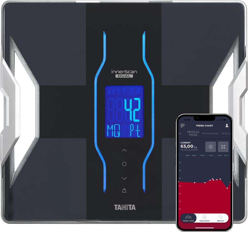 TANITA RD-953 Profi Körperanalysewaage – Dual-Frequenz Körperfettwaage mit Muskelqualität, Muskelmasse, Metabolischem Alter, Bluetooth App, 200 kg RD953BK36