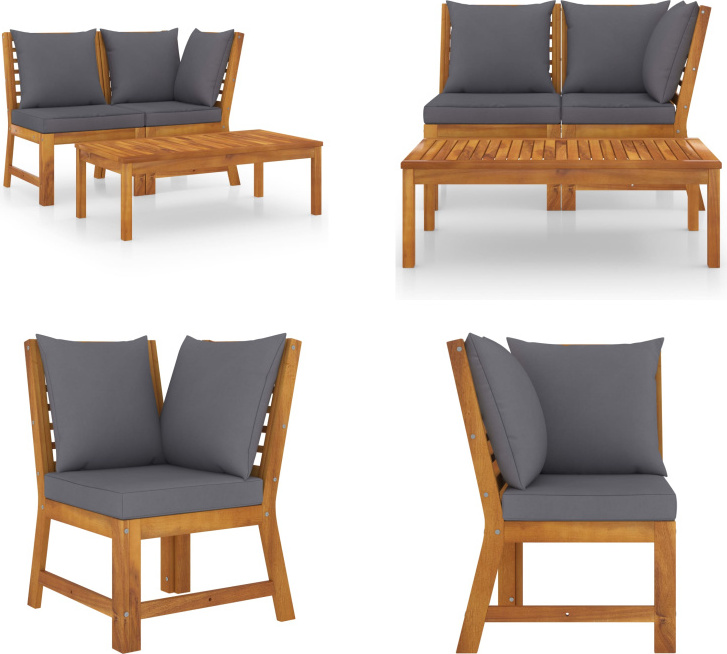 vidaXL 3 tlg. Garten Lounge Set mit Dunkelgrauem Kissen Akazienholz - Garten-Lounge-Set - Garten-Lounge-Sets - Gartenmöbel - Gartenmöbel Set