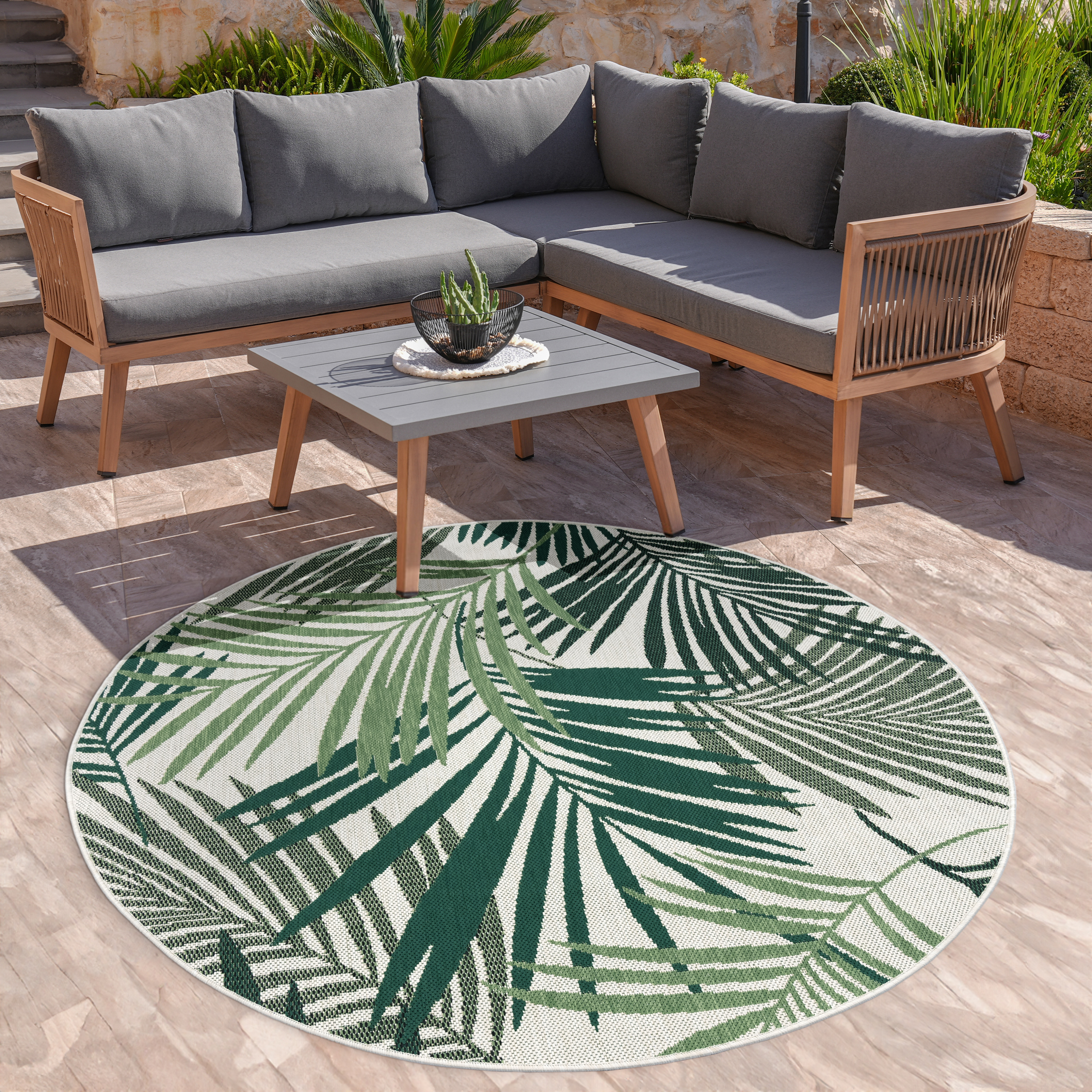 Paco Home In- & Outdoor Teppich Flachgewebe Jungel Gecarvtes Florales Palmen Design Grün Grösse Ø 200 cm Rund